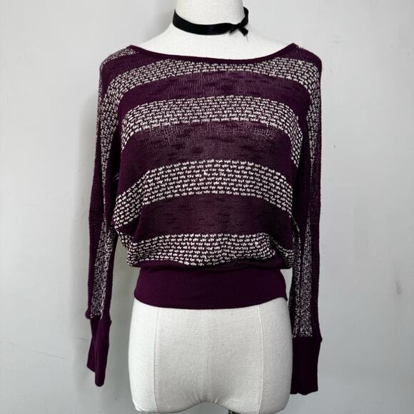 Vintage Y2K Burgundy Striped Mesh Knit Sweater Indie Hippie Fairy Grunge Top S - Picture 1 of 5